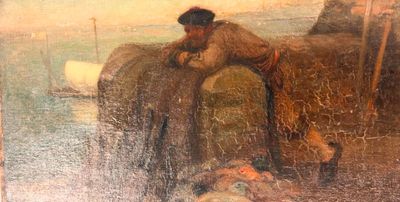 un tableau représentant un homme assis sur un rocher au bord de l'eau