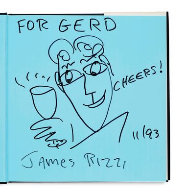 a blue book with a drawing of a man holding a wine glass