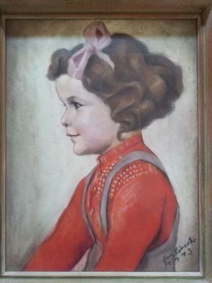 painting of a woman in a red dress laying down with her head resting on her hands