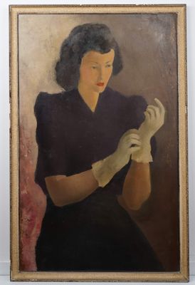painting of a woman in a black dress and white gloves