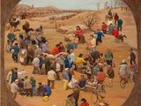 painting of a large group of people gathered around a man on a bicycle