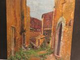 an oil painting of a street scene with buildings and a doorway