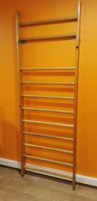 an orange wall with a wooden ladder in the corner