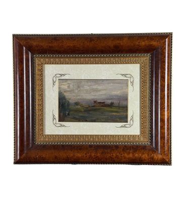 une peinture à l'huile représentant une scène de vie à la ferme, dans un cadre en bois