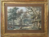 an image of a painting of a wooded scene with a man and a dog