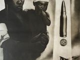 an old poster of a man holding a child in front of a rocket