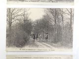 two pictures of a couple of people riding horses on a dirt road