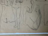 drawing of a group of people standing in a room with a cat
