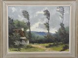 an image of a painting of a house in a field with trees