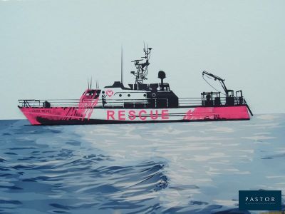 tableau représentant un canot de sauvetage au milieu de l'océan
