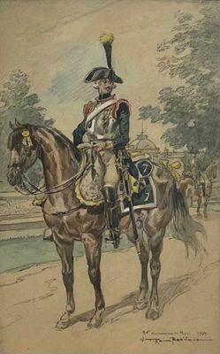 tableau représentant un homme en uniforme à cheval dans un parc