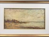une image d'une peinture représentant une scène de plage avec un bateau dans l'eau