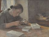 a painting of a woman sitting at a table working on something