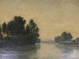une photo d'un tableau représentant une rivière avec des arbres en arrière-plan