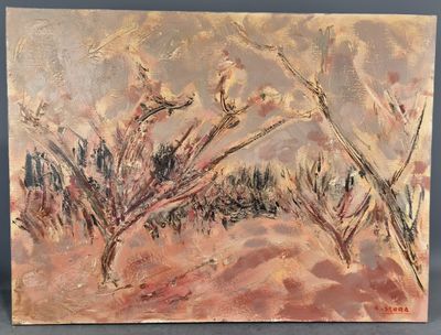 une peinture à l'huile représentant un paysage désertique avec des oiseaux perchés sur une branche