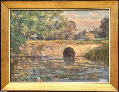 an oil painting of a bridge over a river in a wooded area