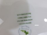 a white plate with a green bird on it