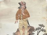a painting of a man with a hat and a cane standing on a hill