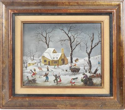 a painting of a winter scene with children playing in the snow