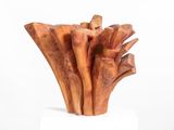 a wooden sculpture on a white pedestal on a white surface