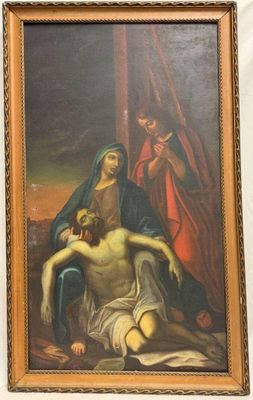 une image d'une peinture de jésus sur la croix avec d'autres personnes