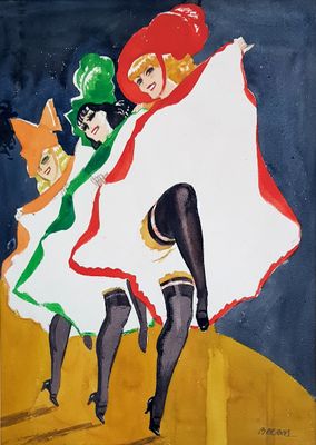 painting of three women dressed in colorful costumes dancing on a stage