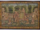 tableau représentant un éléphant transportant un homme et une femme dans un jardin