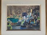 a painting of a harbor scene with boats in the water