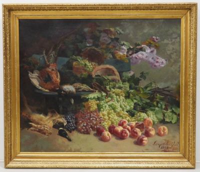 tableau représentant une nature morte composée de fruits et de fleurs, dans un cadre doré