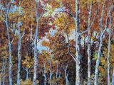 a painting of a path through a forest with trees in the background