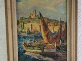 a picture of a painting of boats in the water