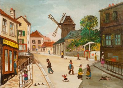 a painting of people walking down a street with a windmill in the background