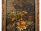 a painting of fruit on a table with a basket of flowers