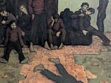 a painting of a man laying on the ground in front of a group of men