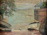 un tableau représentant des bateaux au bord d'un lac
