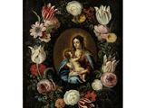 un tableau représentant une femme tenant un enfant dans une couronne de fleurs