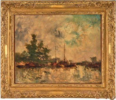 un tableau représentant des bateaux sur une rivière, avec des arbres en arrière-plan