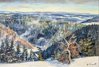 painting of a snowy landscape with trees and hills in the distance