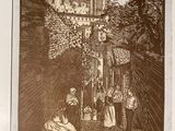 drawing of a scene in a medieval village with a woman and a man
