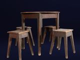 trois tabourets en bois et une table sur un fond bleu foncé