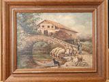 a picture of a painting of a man with a herd of sheep