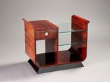 an image of a wooden table with a glass shelf on top