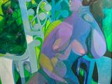 une peinture à l'huile représentant une femme assise sur une chaise dans un jardin