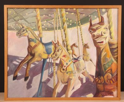 une image représentant un tableau d'un manège avec des chevaux et un chat