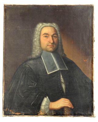 an old painting of a man in a black coat holding a book