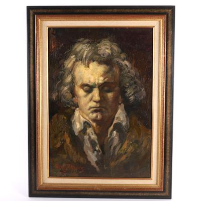 an oil painting of a man in a brown coat and white shirt