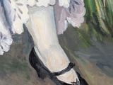 an oil painting of a woman in a white dress and black shoes