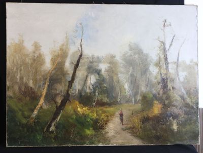 a painting of a person walking down a path in the woods