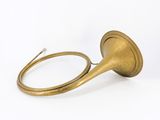 an old brass trumpet is sitting on a white surface
