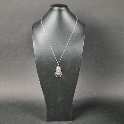 un collier en argent avec un pendentif en forme de crâne sur un mannequin noir